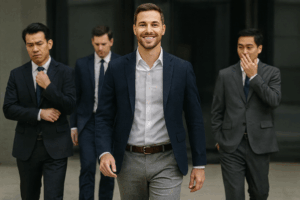 ジャケパンスタイルで自信を持って歩く男性。スーツに頼らず信頼感と清潔感を演出するビジネスカジュアルコーデ。