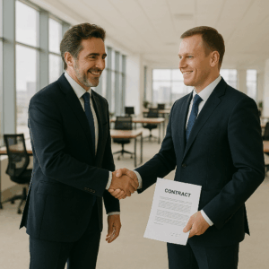 明るいオフィスでスーツ姿の男性二人が大きな契約を交わし、笑顔で握手しているビジネスシーンの写真