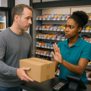 コンビニ店員がお客の配送を拒否している状況