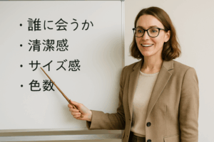 女性が杖を使いサイズ感について説明しています。