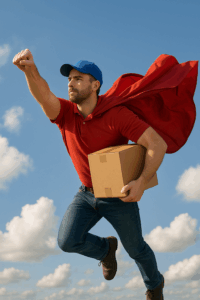 赤いマントをなびかせ、荷物を抱えて空に飛び立つ配達員の姿。迅速で信頼できるメンズファッションレンタルの配送をイメージした写真。