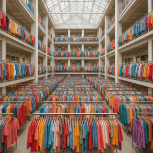 吹き抜けの広いビル内に多種多様でカラフルな洋服が並び、選びきれないほどの服がかけられている様子。メンズファッションレンタルAssistantの豊富な品揃えを表現したイメージ。