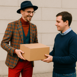 カラフルな服装でハットをかぶったおしゃれな男性が、洋服の入った段ボールをもう一人の男性に手渡しているシーン|メンズファッションレンタルAssistant