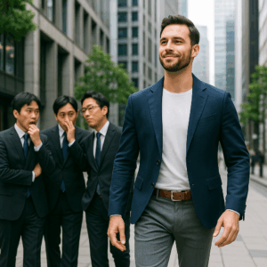 「都内のビジネス街を自信を持って歩くジャケパンスタイルの男性。周囲のスーツ姿の男性たちがうらやましそうに見ているシーン｜メンズファッションレンタルAssistant」