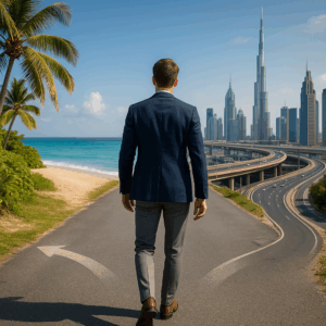 ジャケパン姿の男性が道の分岐点で立ち止まり、左にハワイの海、右にドバイの高層ビル群を見て進む方向を悩んでいる後ろ姿の写真