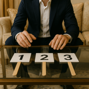 スーツ姿の男性がガラステーブルの上に並んだ①②③のカードを前に、どれを取るか迷っている手元の写真