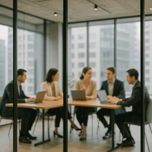 ガラス張りの東京のオフィスで、数名のビジネスパーソンが打ち合わせやパソコン作業をしている様子。自然光が差し込む洗練されたビジネス空間での会議シーン。