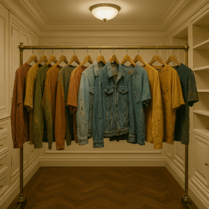 上質なウォークインクローゼットに、カラフルなビンテージ古着がハンガーに整然とかかっている様子の写真