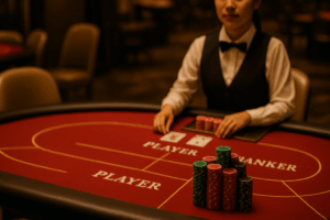 カジノでバカラテーブルに沢山のチップをかけていて人生の賭けをイメージさせる画像