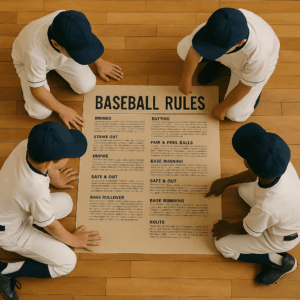 30〜50代男性がファッションをアップデートする際の“服の基本ルール”をイメージした、ルールが書かれた模造紙を囲んで学ぶ野球少年たちの上からの写真