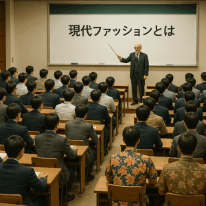 大学の大講義室で、ホワイトボードに「現代ファッションとは」と書かれ、教授が指揮棒で説明している。手前にはスーツ姿やアロハシャツなど多様な服装の男性たちが座って講義を受けているシーン。
