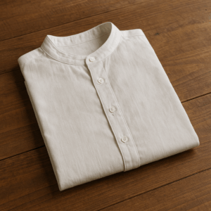 木製テーブルの上に綺麗にたたまれた白いノーカラーシャツの写真