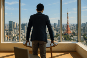 高層オフィスで東京タワーを眺める40代男性の後ろ姿。落ち着いたネイビーのジャケットを着たビジネスマンが、都市を見下ろしながら佇むシーン。