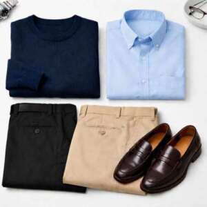 服レンタルで提案される紺ニットとシャツ、黒とベージュのパンツを使ったメンズオフィスカジュアルコーディネート例