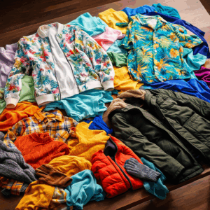 大きなテーブルの上に春夏秋冬それぞれの派手な服が乱雑に広げられているシーン。季節ごとの洋服選びに迷うイメージ。