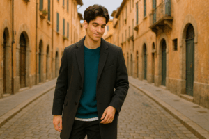 コートとニットを合わせた男性の街歩きコーデ。メンズファッションレンタルの着こなし例