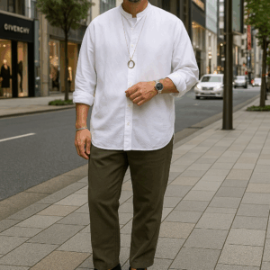 銀座の街を背景に白いノーカラーシャツとオリーブカラーのパンツを合わせた30〜40代男性の清潔感あるコーディネート