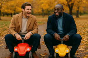 秋の公園でミニカーに乗って笑い合う二人の男性　メンズファッションサブスクの秋コーデを楽しむシーン