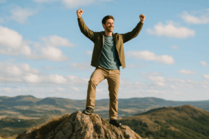 小さな山の頂上に立ち、達成感に満ちた表情で腕を上げる男性のシーン。ファッションサブスクを通して“挑戦のハードルを下げる”ことをイメージした画像で、自由に新しいスタイルを試す喜びを表現。