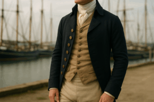 8世紀イギリスのマリーナで、大きな帆船を背景に正装した紳士が立つシーン。ネイビーのロングコートとベージュのベストを着用し、上品でクラシックな雰囲気を表現。ファッションサブスクの上質さと品格をイメージした画像。