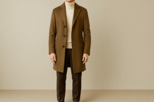 ベージュのタートルネックニットにブラウンのコートとスラックスを合わせた上品カジュアルなメンズファッションコーデ。冬の落ち着いた印象を演出するスタイル
