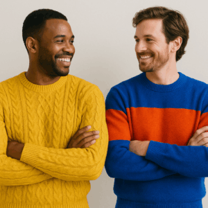 黄色と青のニットを着た2人の男性が笑顔で向き合うシーン。お互いの個性を尊重し合う雰囲気で、イエベ・ブルべを超えて好きな色を楽しむファッションサブスクの自由さを表現。