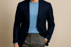 ネイビージャケットとグレースラックスを合わせた上品なジャケパンスタイル　メンズファッションサブスクの秋冬コーデ例