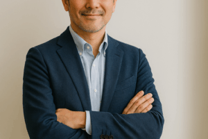 自信に満ち溢れた日本人40歳男性が腕を組み笑顔を微笑んでいる画像