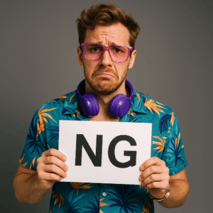 パリピ風の白人男性がNGと書かれたボードを持ち、困った表情をしているシーン。服選びの失敗例を示す画像。