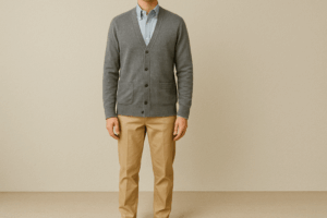 グレーのカーディガンと水色シャツ、ベージュのチノパンを合わせた、きれいめリラックスなメンズファッションコーデ。清潔感と上質さを感じるカジュアルスタイル
