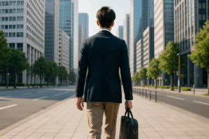 春の新生活で、30代男性がジャケパンスタイルでビル街を歩く後ろ姿。メンズファッションサブスクのイメージ画像。