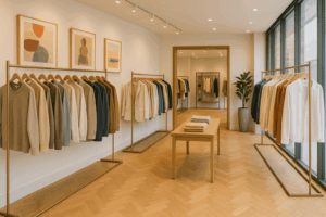 おしゃれなガラス張りの洋服店の内部。壁にアートが飾られ、上質なジャケットやニットが並ぶ静かな空間。ファッションサブスクの上品で洗練された世界観を表現した画像。