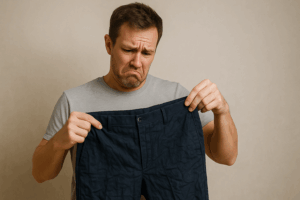 しわしわの紺色スラックスを見てがっかりしている男性の画像。メンズファッションのサブスクを検討する際の品質比較イメージ。