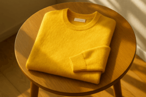 明るい日差しの入る部屋のテーブルに置かれた黄色のカシミヤニット　上質で柔らかな素材感が伝わるメンズファッションサブスクのアイテム