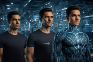 未来的なハイテク工場で男性が段階的にアップデートされていく様子を表したイメージ画像。ファッションの進化や自己アップデートを象徴するビジュアル。