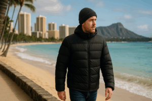 ハワイ・ワイキキの海辺を、真冬のダウンジャケットとニット帽を着た白人男性が歩いているシーン。