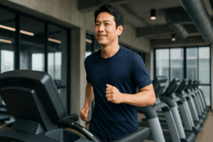 40代男性が最新のスポーツジムでランニングマシーンで颯爽と走っている画像