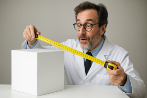 日本ブランド服の高い品質管理と正確な仕立てを表現した、白い箱を測定して感心する50代の科学博士のイメージ