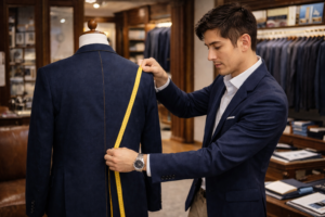 国内ブランドの品質にこだわり、上品な洋服店で30代の日本人男性がジャケットを丁寧に採寸して仕立てているシーン