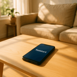 テーブルにスマホがおかれていて画面にアシスタントと表示されている