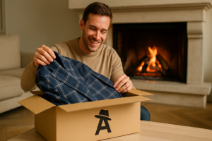 暖炉のある部屋で、Assistantロゴ入り段ボールを開けてジャケットを取り出し喜ぶ男性の手元（メンズファッションレンタルの開封イメージ）