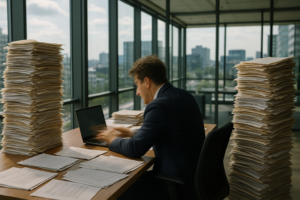 メンズファッションレンタルで服選びの時間を短縮し、仕事に集中する忙しい男性のイメージ