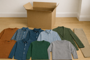 メンズファッションレンタルで届く清潔感のある国内ブランド服一式。ジャケットやニット、シャツが揃ったコーディネート例