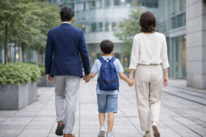 ジャケパンを着たイケオジ家族が仲良く歩いているシーン