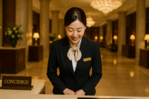 豪華ホテルのフロントで、受付女性が丁寧にお辞儀をして高品質なサービスを提供しているシーン