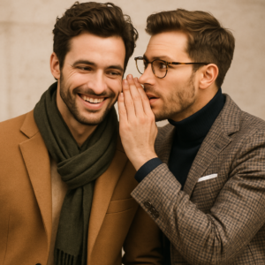 おしゃれな服を着た白人男性二人が、街中で楽しそうに耳元でささやき合っているシーン。メンズファッションレンタルの記事用のイメージ画像。