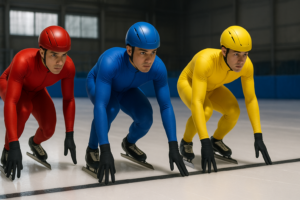 赤・青・黄色の全身スーツを着た3人の40代のスピードスケート選手が、アイスリンクのスタートラインに並んで構えているシーン
