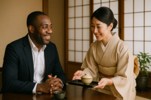 40代男性がメンズファッションサブスクで上質なコーディネートを体験後におもてなしを受けている様子