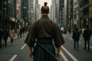 メンズファッションレンタルサブスクを象徴する、現代の街を歩く侍風スタイルの40代の外国人男性