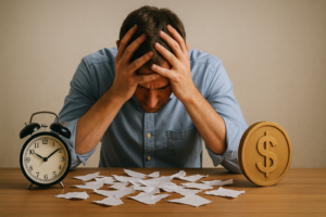 服選びに時間とお金を無駄にしてしまう男性の様子と、メンズ服サブスクの必要性を表したイメージ